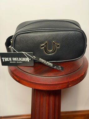 True Religion Black Leather Toiletry Bag with Gold Logo